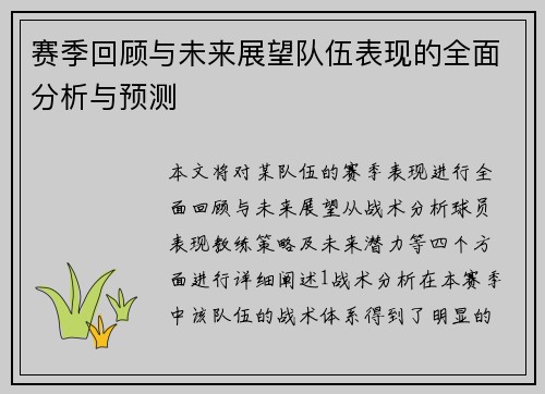 赛季回顾与未来展望队伍表现的全面分析与预测